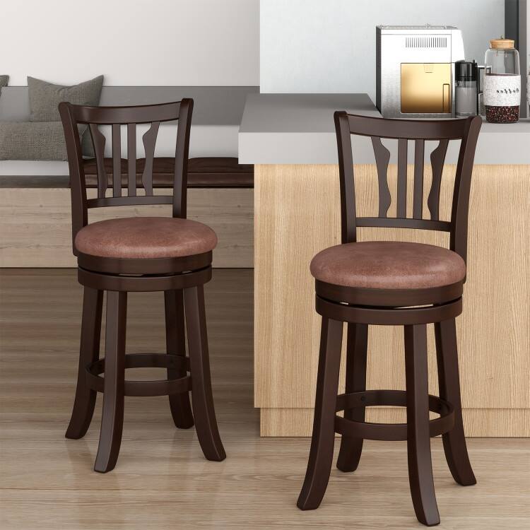 Set of 2 Cappuccino Rubber Wood MDF Faux Leather Swivel Bar Stools with Footrest