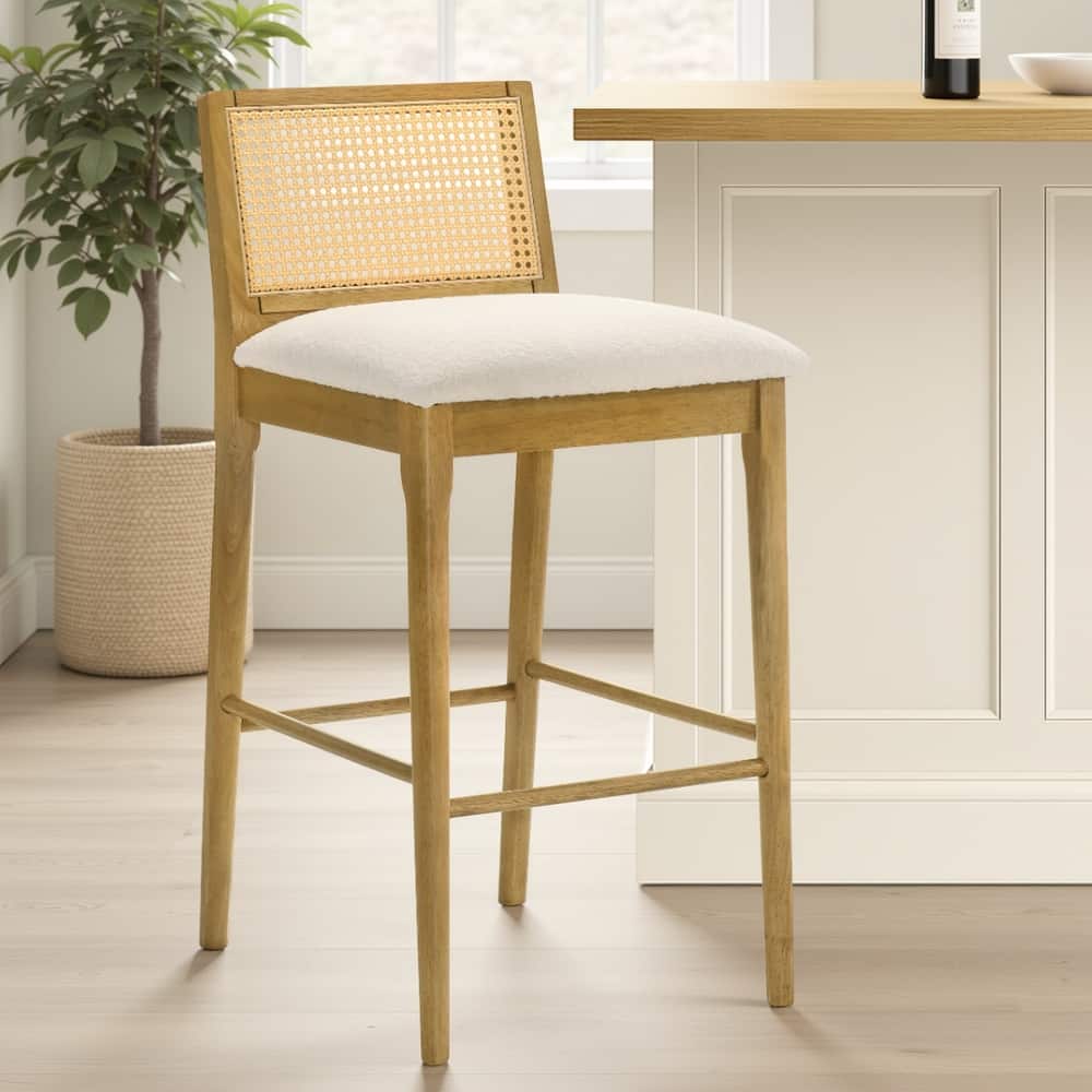 Tobias Rattan and Wood Bar Stool, Counter Height Kitchen Stool with White Boucle Fabric Upholstered Seat