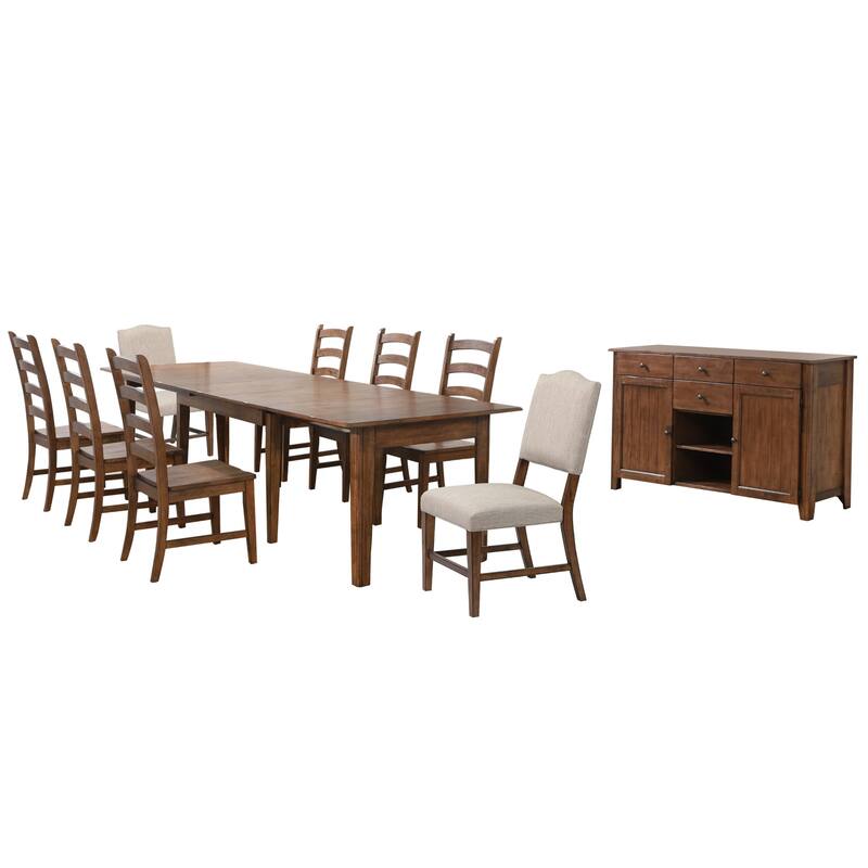 Extendable Dining Set - 12 Seater Table & Chair Set - Rectangular Buffet - Amish Brown Finish