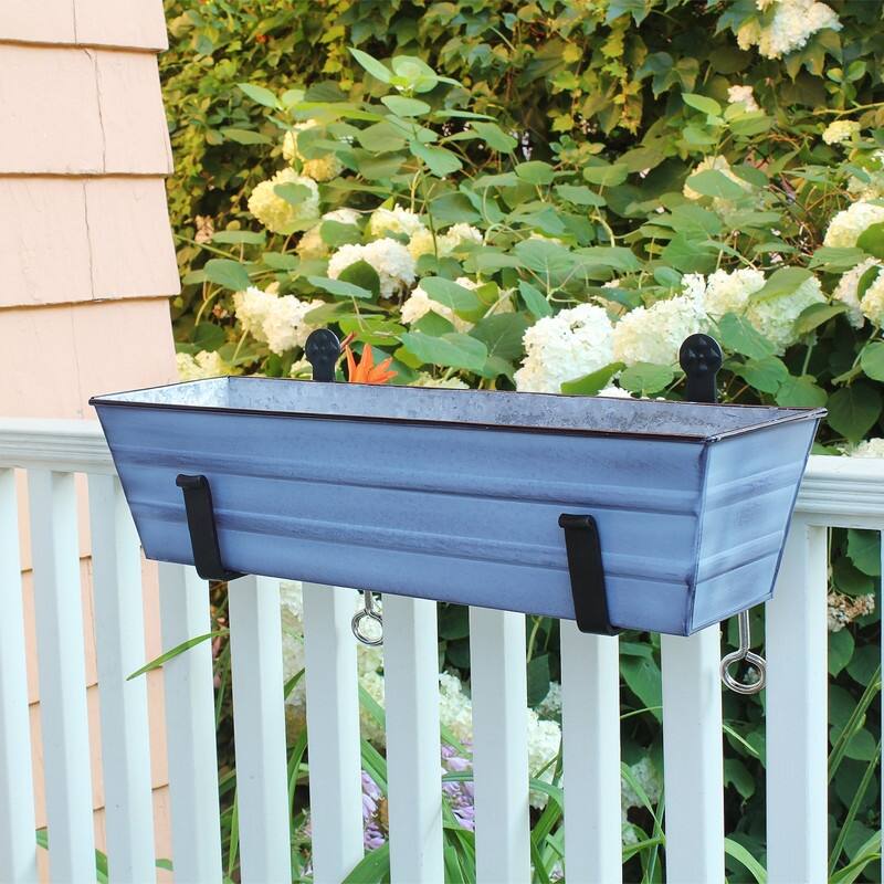 Achla Designs 22" W Rectangle Galvanized Steel Flower Box w/ Black Wrought Iron Clamp-On Brackets, Planter