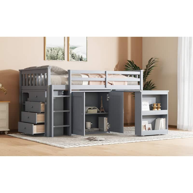Roomfitters Twin Loft Bed with Storage Cabinet, Pull-Out Desk & Shelving, Rubber Wood Bed with Safety Guardrail & Ladder, Grey