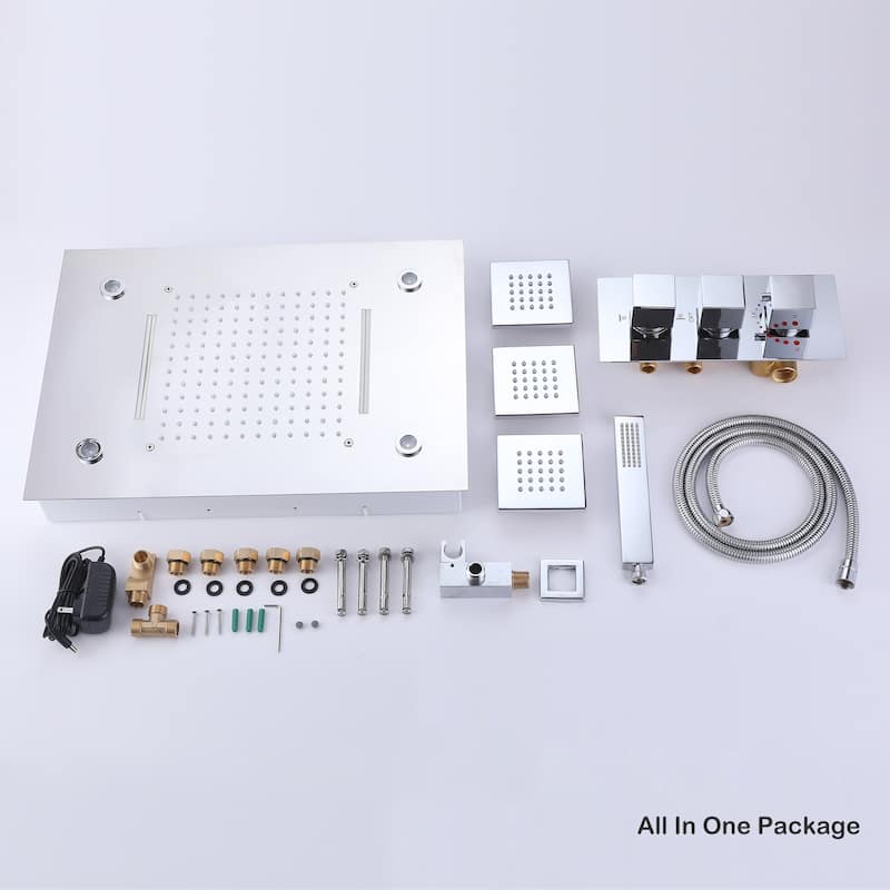 Ceiling LED 4-Way 3-Jet Complete Rain and Waterfall Shower System With Rough-in Valve