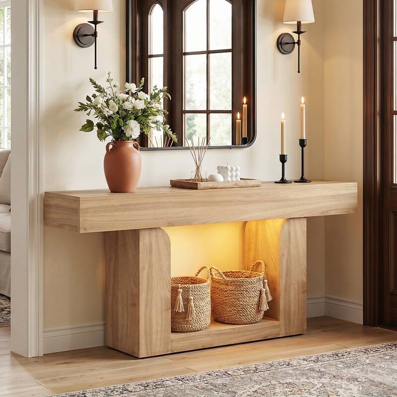 63'' W Farmhouse Console Table with Chaging Station, Thick Sofa/ Entryway Table with Storage Shlef