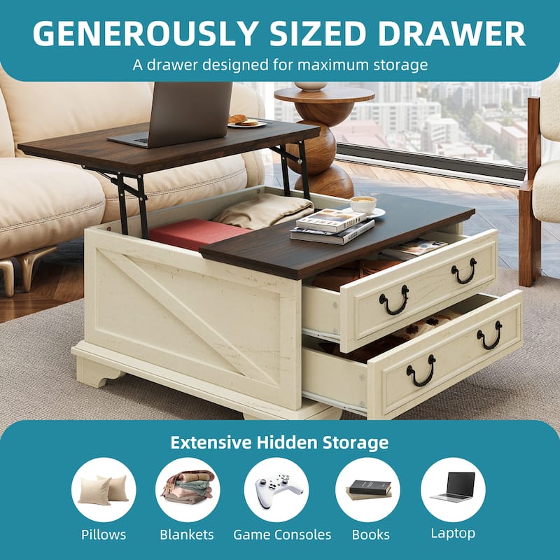Moasis Lift Top Coffee Table Farmhouse Wood Central Table for Living Room with 2 Drawers and Hidden Storage Compartment