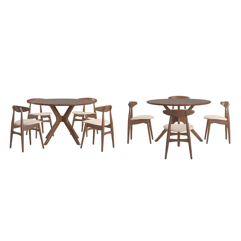 Sylvestria Mid-Century Walnut Finish Round Dining Set - 5-Piece Set - Beige