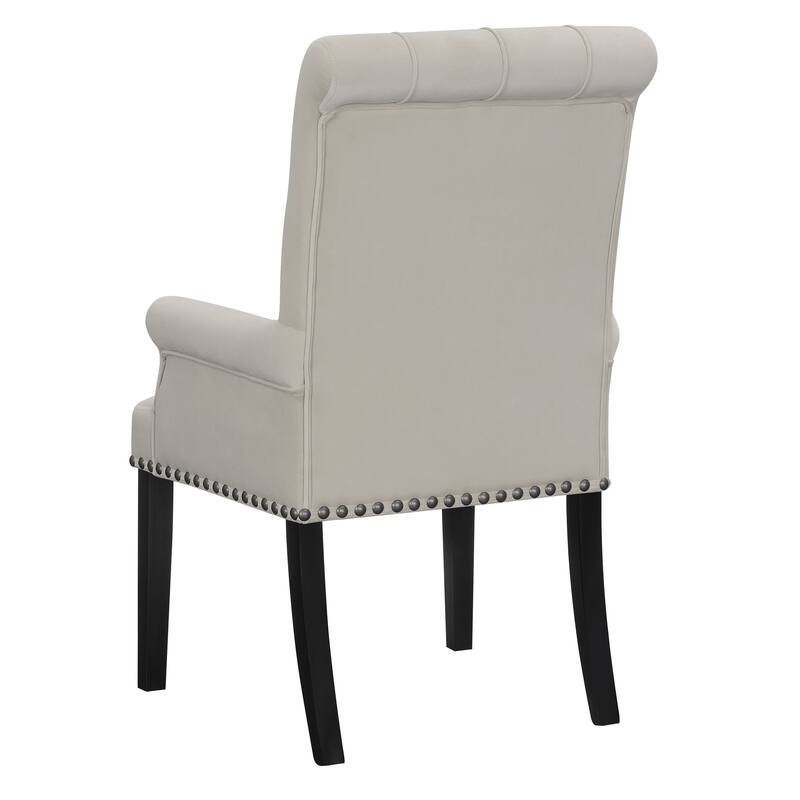 Ali 27 Inch Accent Armchair, Light Gray Fabric Button Tufted Rolled Back