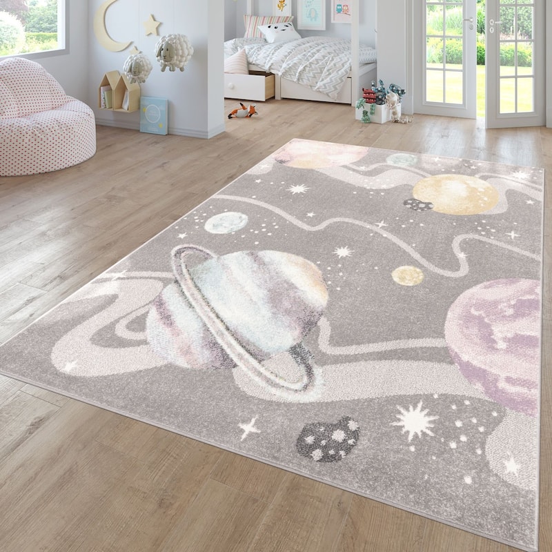 Kids Rug Space with Planets and Stars in Pastel Colors - grey - 2'8" x 4'11"