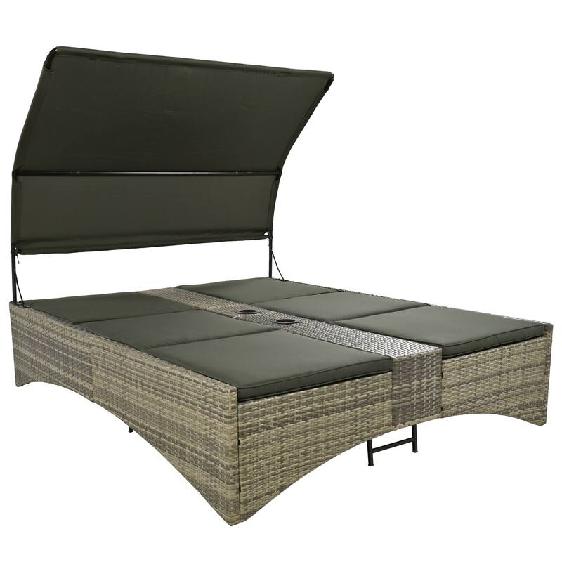 Outdoor Patio Rattan Daybed Sunbed with Canopy and Adjustable Backrest, Storage Box and 2 Cup Holders