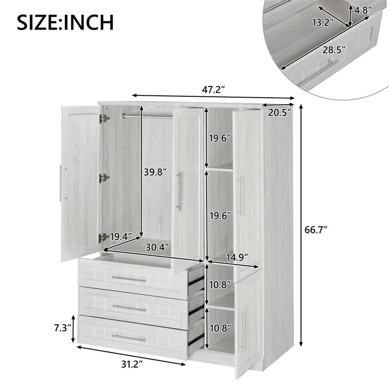 4 Door Wardrobe Bedroom Closet with 3 Storage Drawers, Solid Wood Armoire Clothes Organizer with Hanging Rods & Storage Shelves