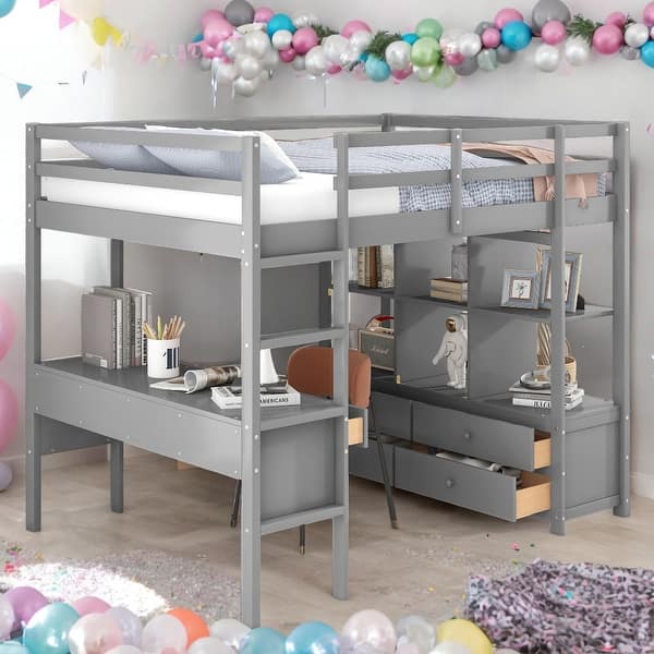 slide 2 of 12, Full Loft Bed with Desk and Storage Grey