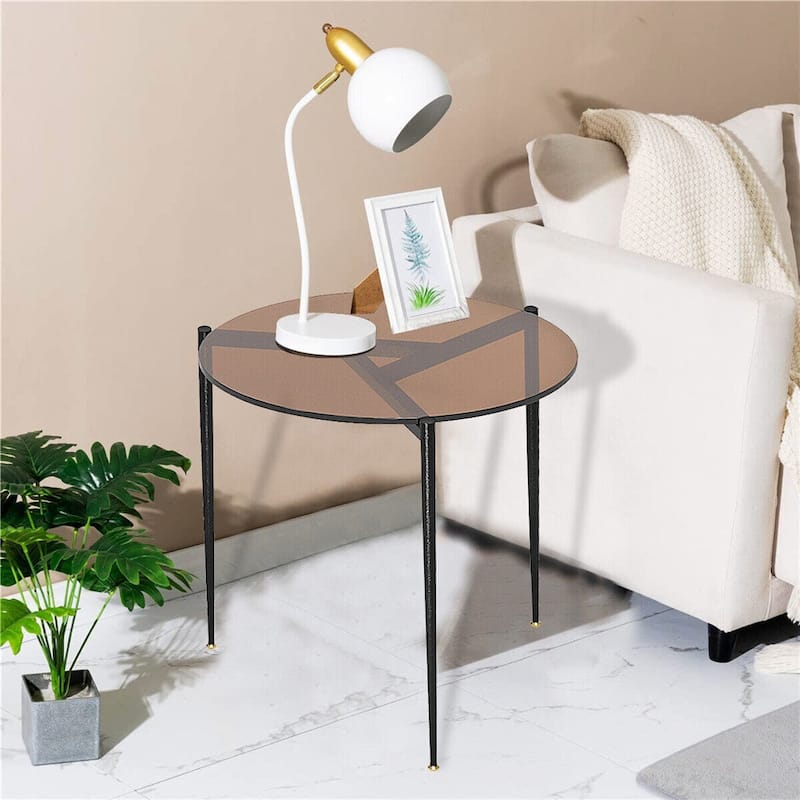 Round Tempered Glass End Table Sofa Table with Metal Frame for Living Room - 19.7x19.7 inch