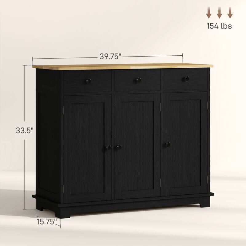 Sideboard with Solid Wood Countertop, Modern Kitchen Storage Cabinet, Coffee Bar Cabinet with 3 Drawers