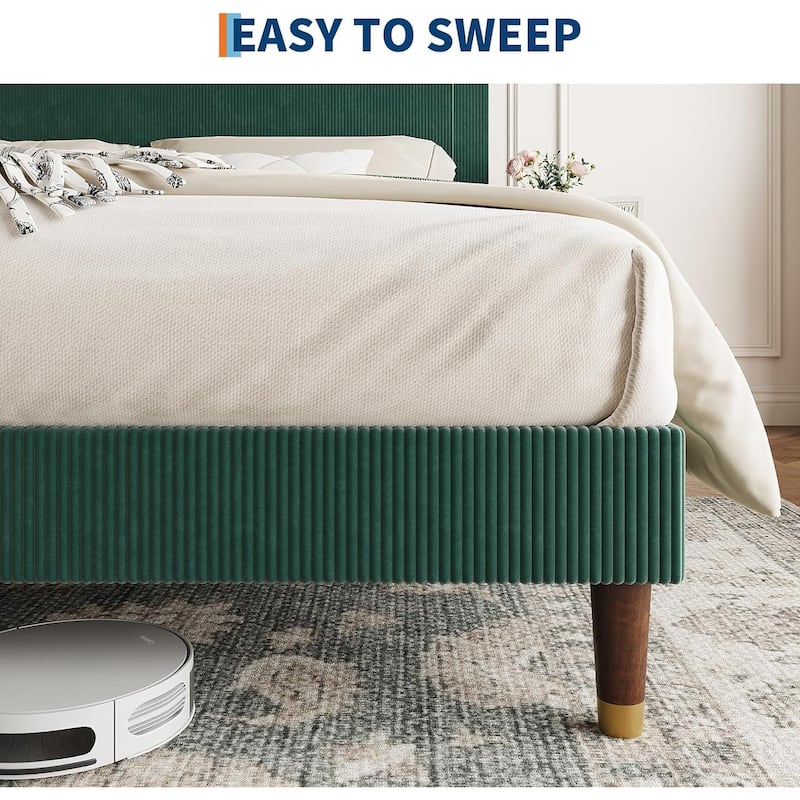 Bed Frame with Headboard, Corduroy Upholstered Platform Bed with Wooden Slats Suppor