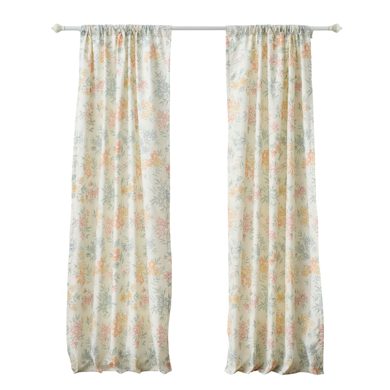 Loso 2 Panel Curtain Set, Microfiber, Soft White Green Floral Pattern
