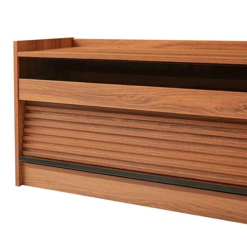 Roomfitters Modern TV Stand with 4 Drawers, Tempered Glass, Charging Ports and Ambient Lighting, Ample Storage