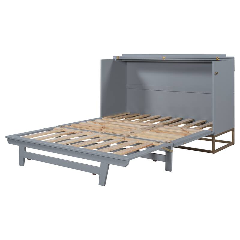 Queen Wood Murphy Bed, Modern Murphy Bed Chest with Metal Leg, Home Folded Bed Frame with Wood Slat Support for Small Room