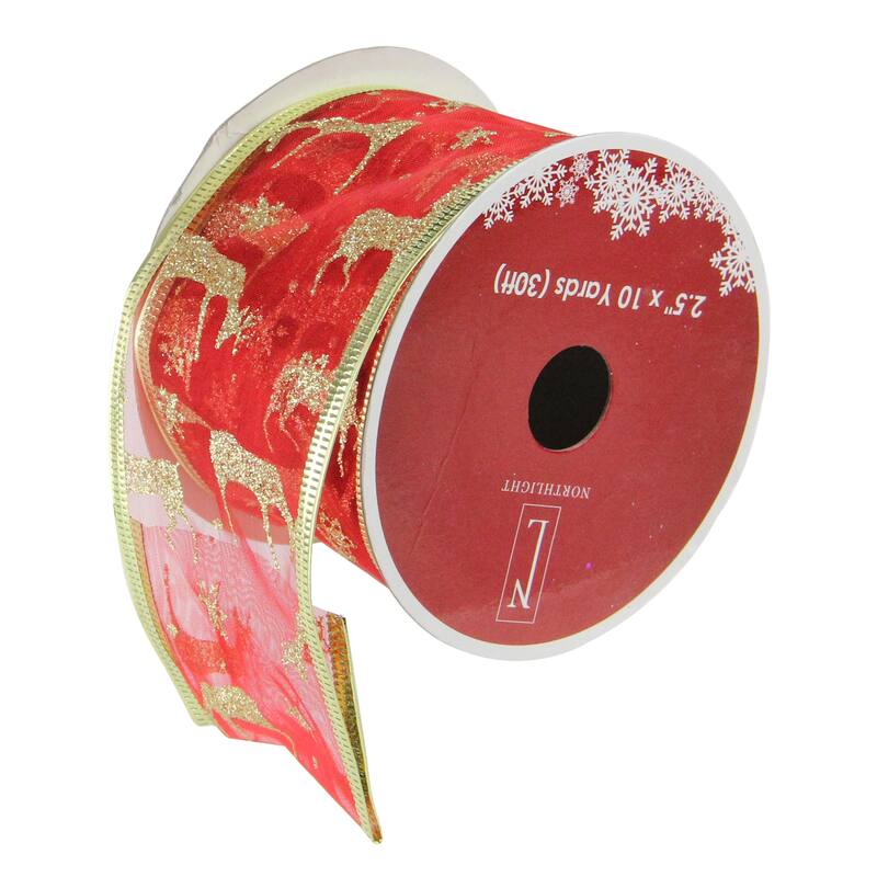 Red and Gold Glittering Reindeer Wired Christmas Craft Ribbon 2.5" x 10 Yards - 2.5" x 10 Yards