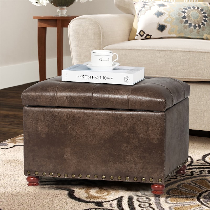 Adeco Classy Rectangle Storage Bench Natural Fabric Footstool Ottoman - Coffee - Medium
