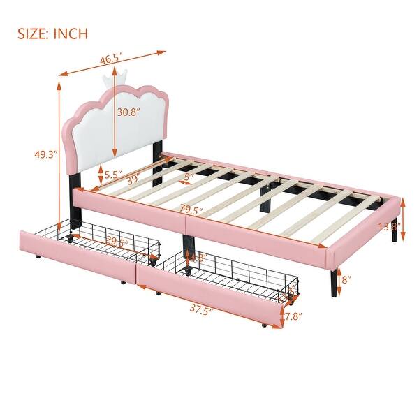 Twin Upholstered Leather Princess Bed w/ Wheel and 2 Drawers, Crown Headboard for Kids Teens,White Pink