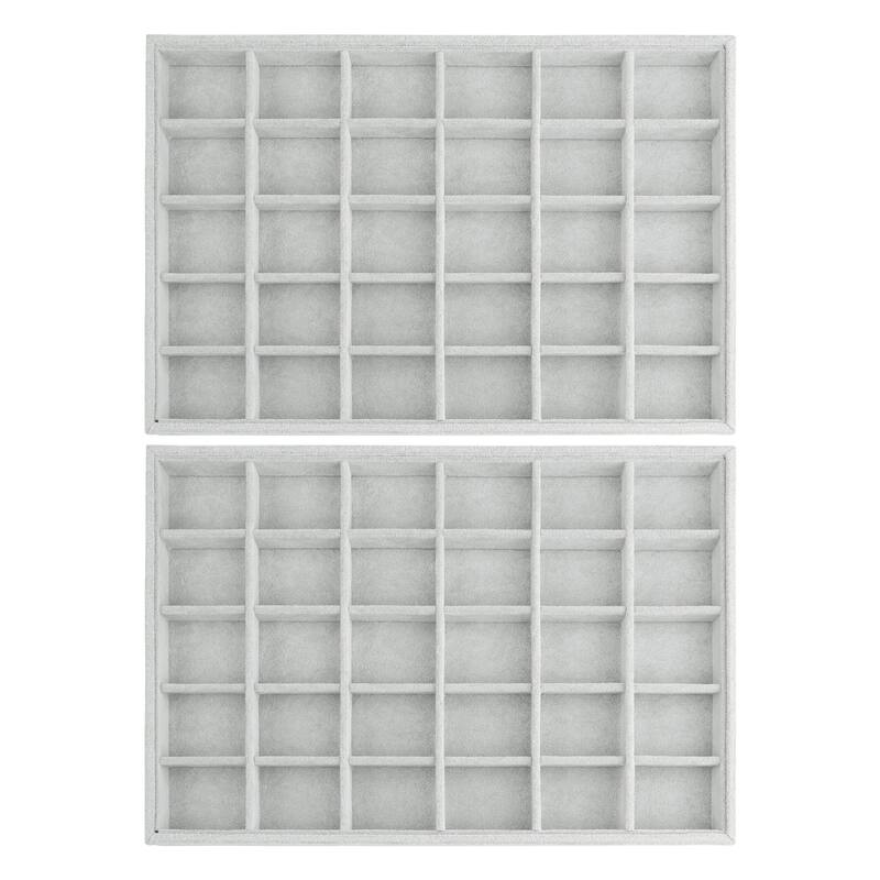 Set of 2 Stackable Velvet Jewelry Organizer Trays with Removable Dividers for Drawers, Jewelry Organizer Drawer Case - Grey - 30 Grid Tray