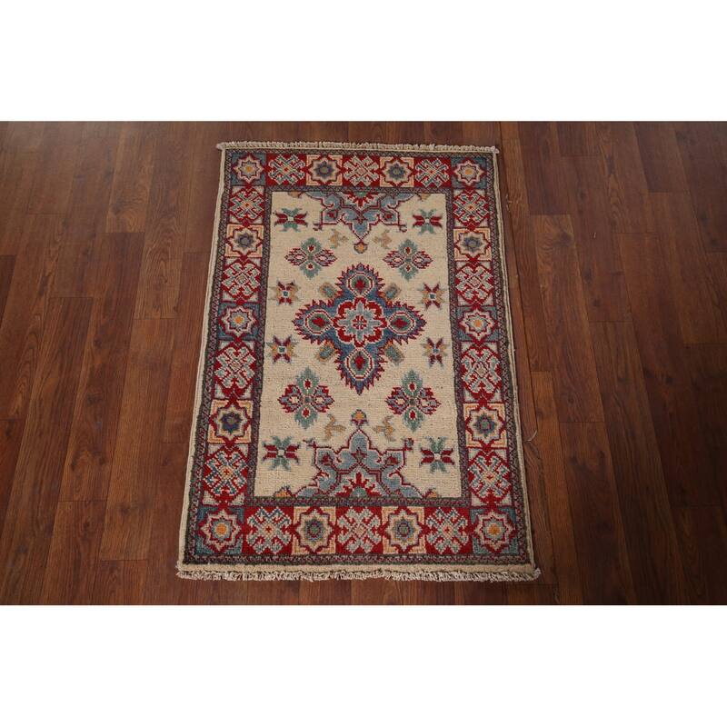 Geometric Kazak Foyer Rug Hand-Knotted Beige Wool Carpet - 1'11" x 2'11"