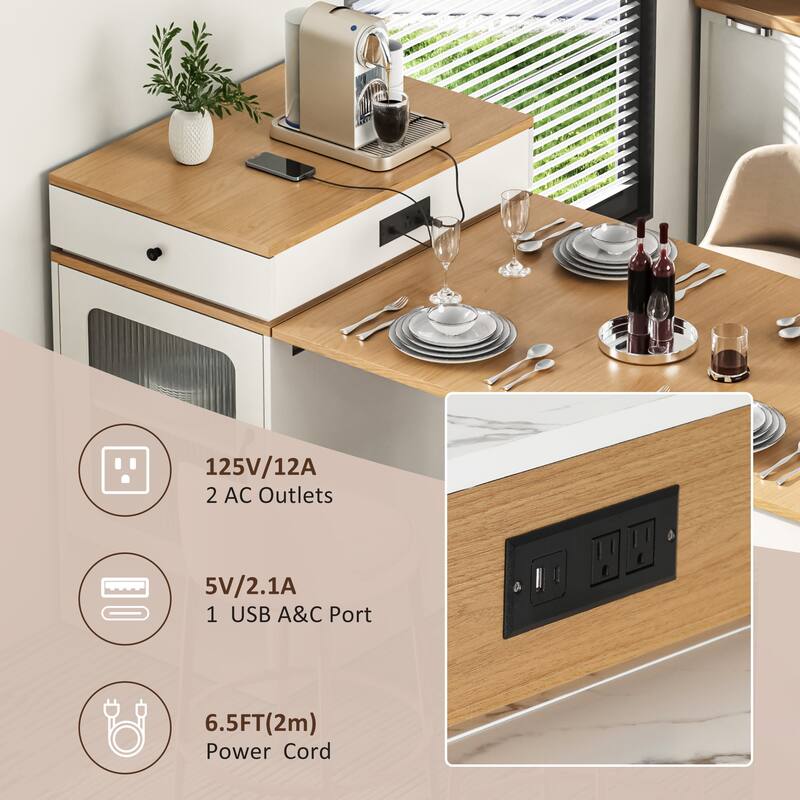 Roomfitters 59.5" Kitchen Island with 41.8" Extendable Dining Table, Double-Sided Storage, Power Outlet, 2 Drawers