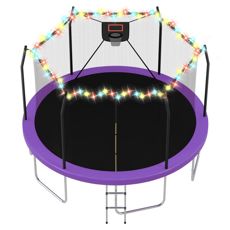 14FT Trampoline with Lights and Basketball Hoop, Outdoor Recreational 16" Trampoine for Kids and Adults