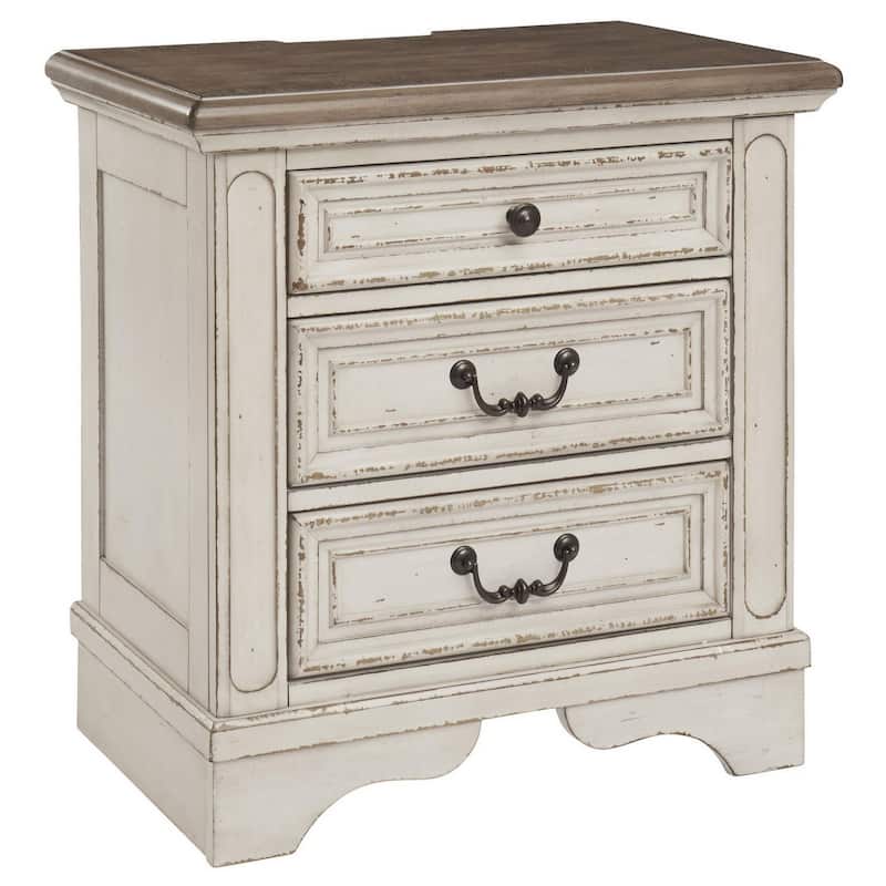 Farah 27 Inch Nightstand | 3 Drawers with Charging | Cottage Distressed White, Dark Bronze