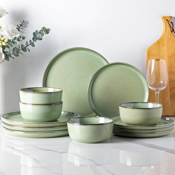 18 pieces shatterproof and scratch-resistant ceramic plate and bowl set, Dinnerware Sets for 4/6/8 - Pastel Green - Service for 6(18Pcs)