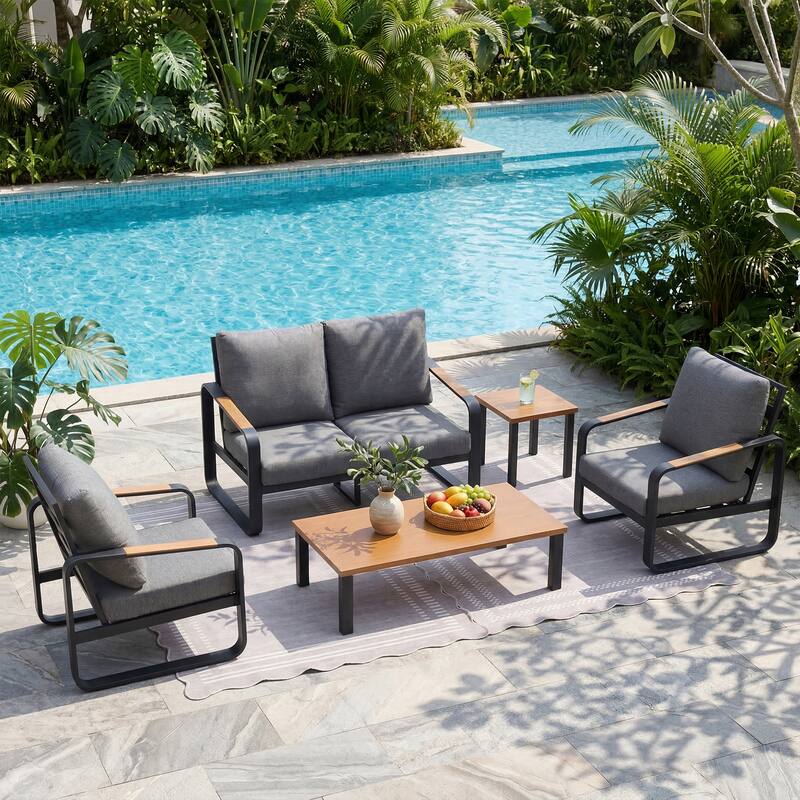 Outdoor Patio Conversation Sofa Set with Cushions - 5-PCS Loveseat Set - Dark Gray