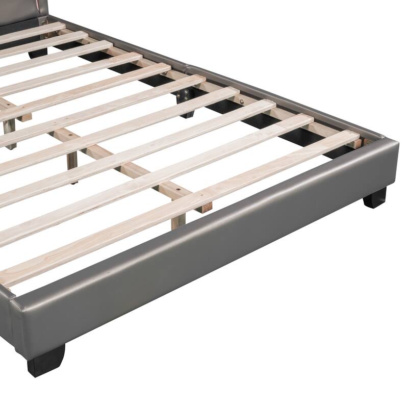 Full Size Upholstered PU Leather Platform Bed with Rabbit Decor, Gray