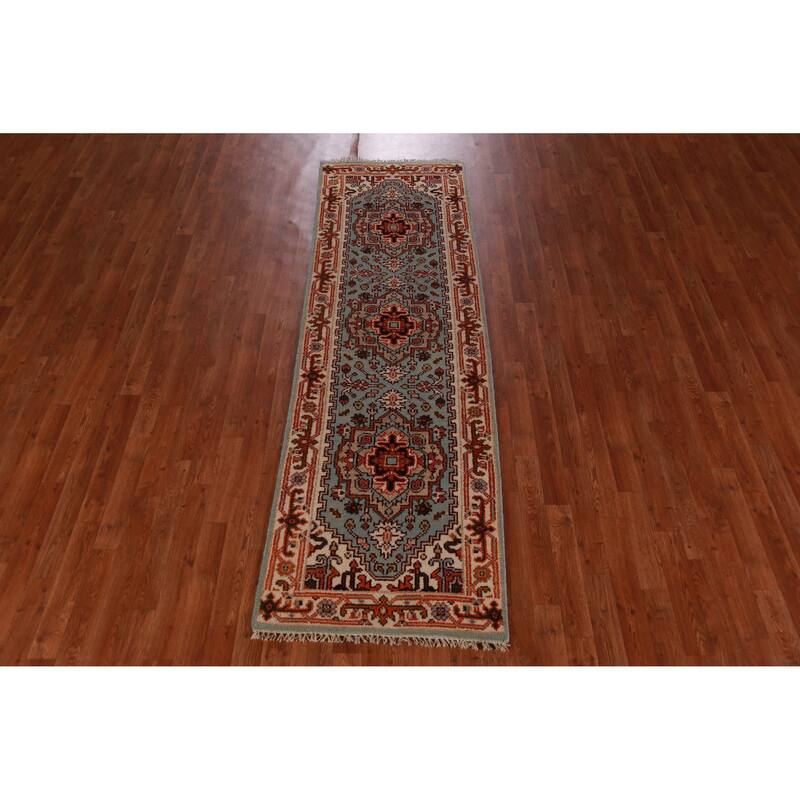 Hand Knotted Oriental 100% Wool Carpet Traditional Geometric Navy Blue & Blues Heriz (serapi) Runner Rug - 8' 4'' X 2' 6''