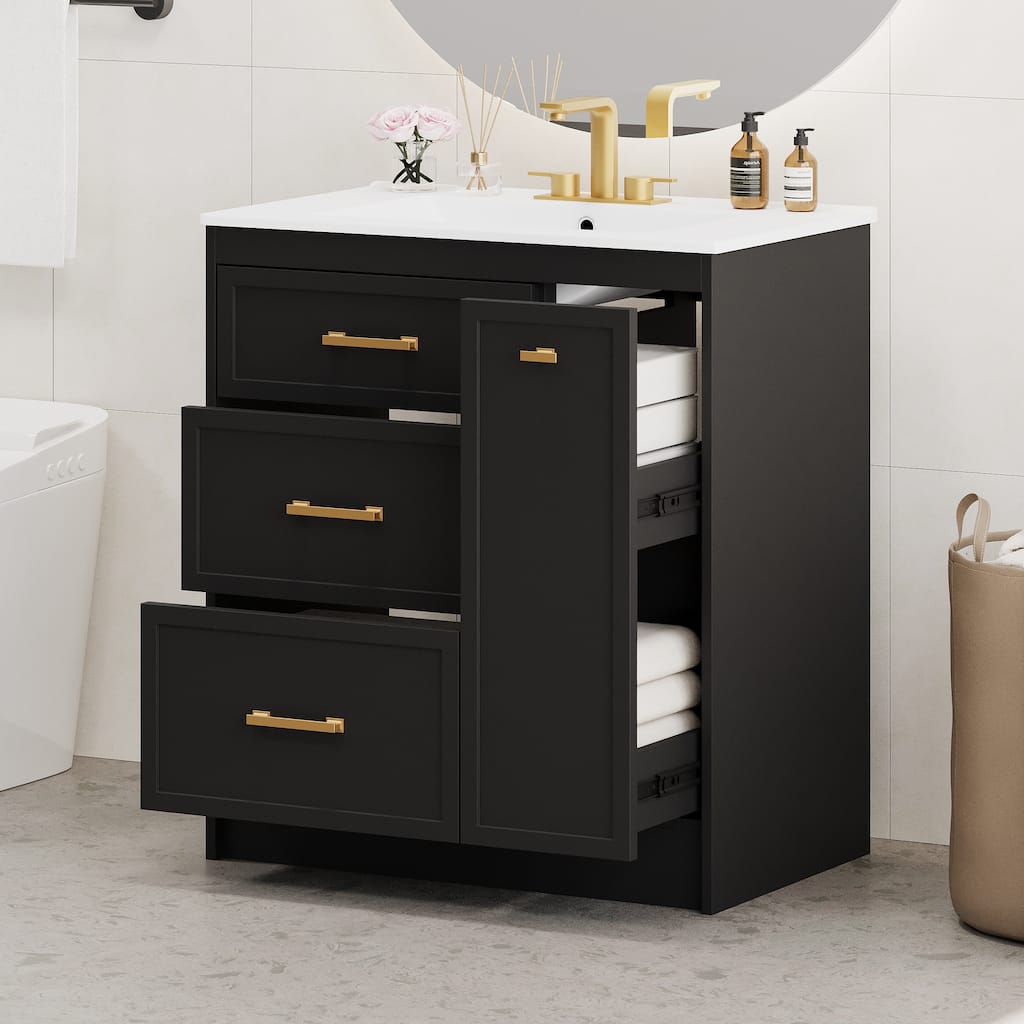 30" Freestanding Black Bathroom Vanity with Three Drawers, Premium Ceramic Basin, Overflow Protection