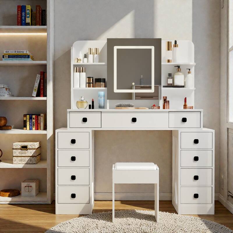 Farmhouse Vanity Desk with Sliding Mirror, LED Lights, Charging Station, 11 Drawers & Soft Stool, White Makeup Table - White