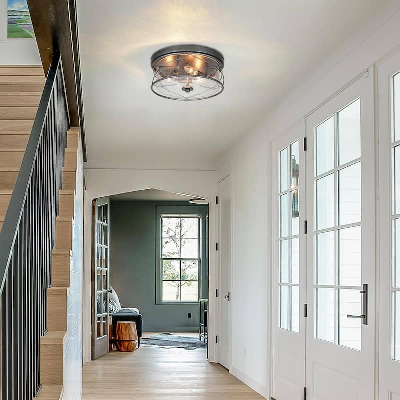 Modern 3-Light Black Silver Drum Flush Mount Light Seeded Glass Ceiling Lights for Foyer - D 13.5" x H 6"