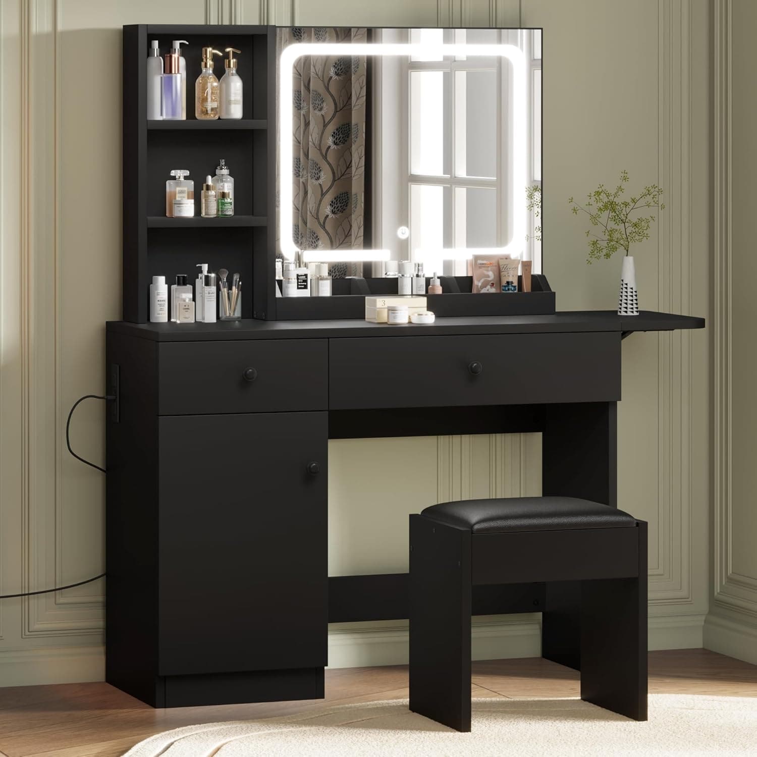 Makeup Vanity Desk w/ Mirror & Lights, Drawer, Power Outlet & Chair, Modern Bedroom Vanity, Black