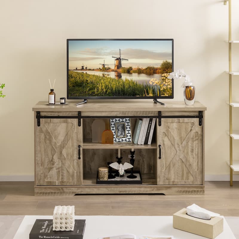 Farmhouse Entertainment Center with Adjustable Shelves and Storage Cabinet-Gray - 59" x 15.5" x 31.5"