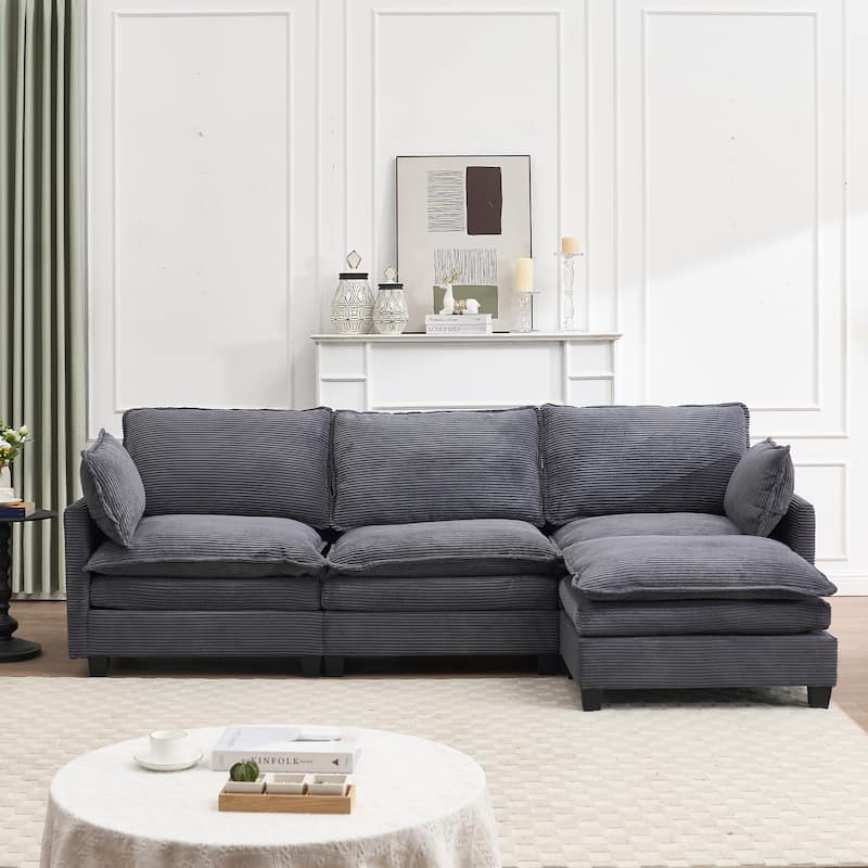 Comfy Corduroy Upholstered Deep Seat Couch L-shaped Sectional Sofa with Ottoman Chaise Lounge and 2 Lumbar Pillows - Dark Grey