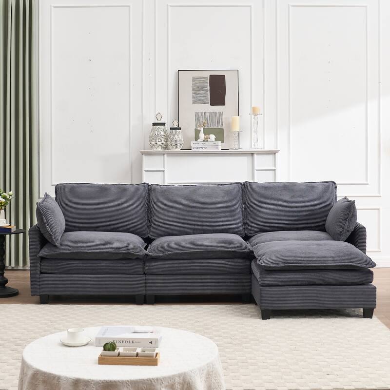 Modular Sofa , Velvet Large U-Shaped Couch Comfy Upholstered 3-Seat Sofa with 1Ottoman, 2 Lumbar Pillow, Deep Seat Couch