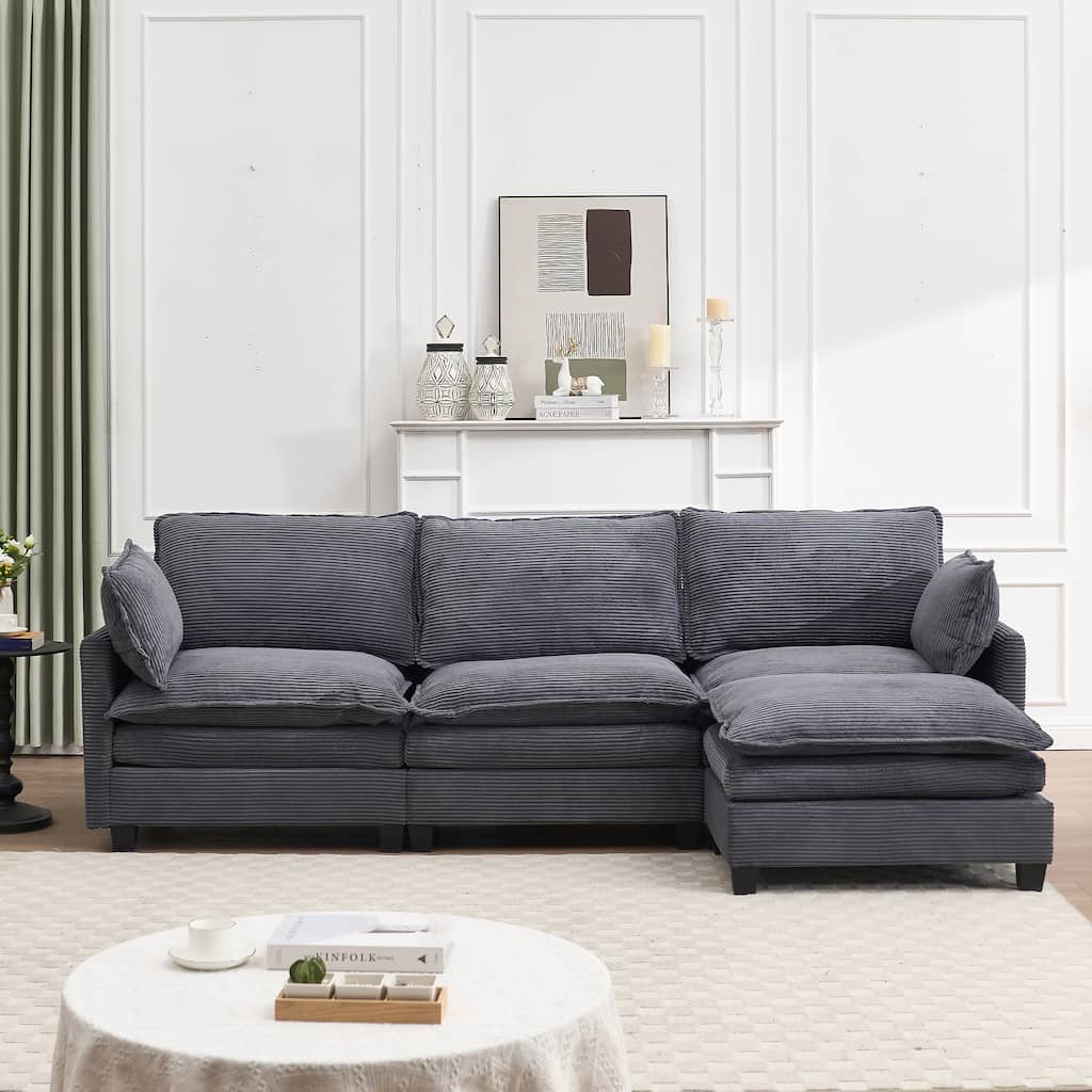 Modular Sofa , Velvet Large U-Shaped Couch Comfy Upholstered 3-Seat Sofa with 1Ottoman, 2 Lumbar Pillow, Deep Seat Couch