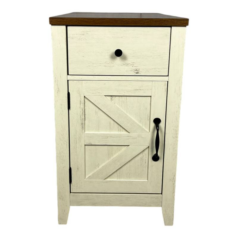 Farmhouse End Table Side Table with Charging Station, Storage Cabinet File Cabinet with Barn Door and Drawer