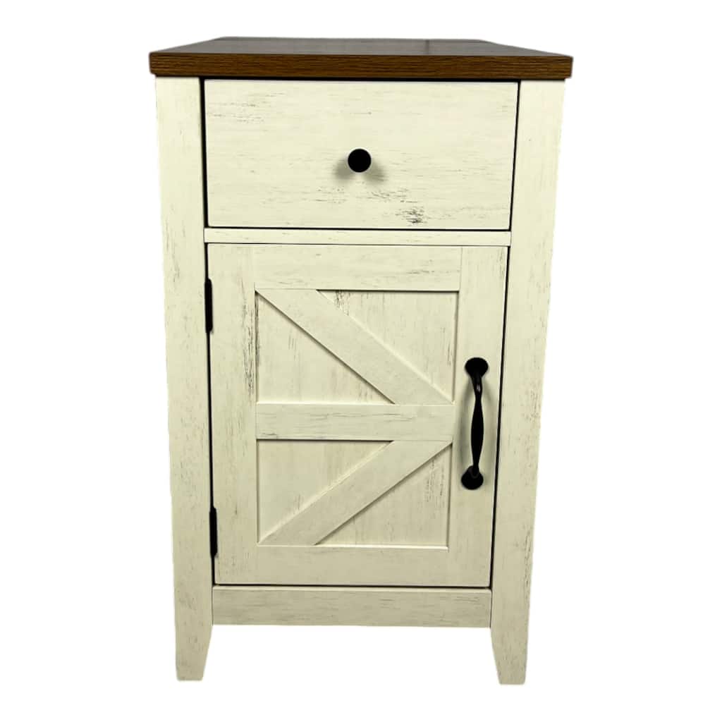 Rustic End Table with Charging Station, Drawer, and Barn Door for Bedroom or Living Room