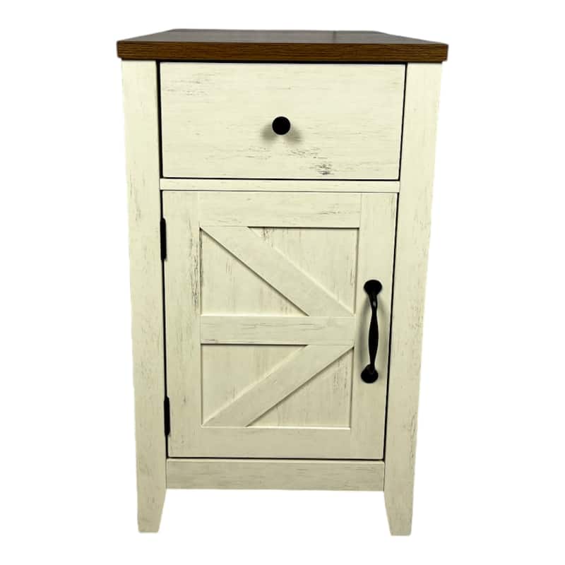 Rustic End Table with Charging Station, Drawer, and Barn Door for Bedroom or Living Room - Brown+White