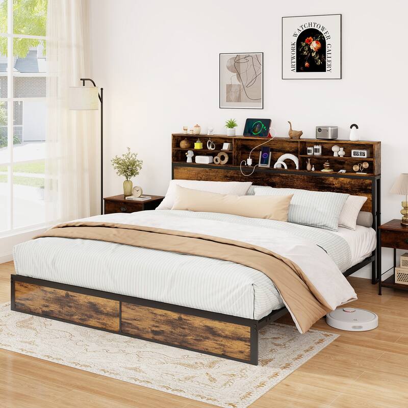 Metal Platform Bed Frame with Headboard Storage and USB Charging Ports - King