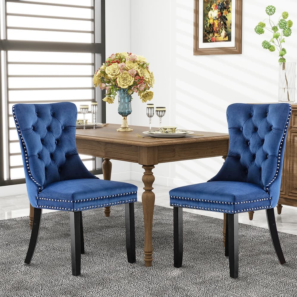 Set of 2 Hollywood Glam Velvet Dining Chairs – Tufted Back with Nailhead Trim and Ring Pull, Modern Accent Side Chairs
