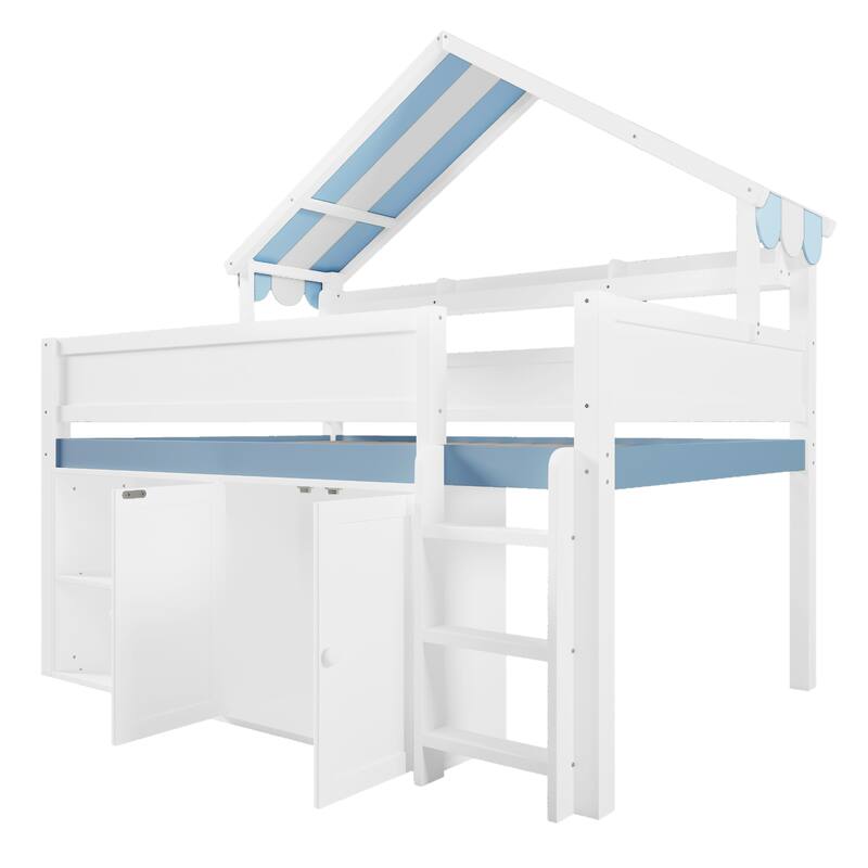 Full Size Loft Bed with Canopy Roof & Storage Cabinet - Space-Saving Study Bed
