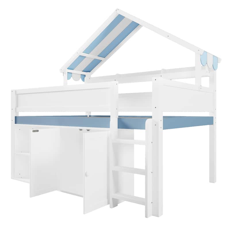 GDFStudio - Solid Wood Full Size Loft Bed with Canopy & Storage Cabinet