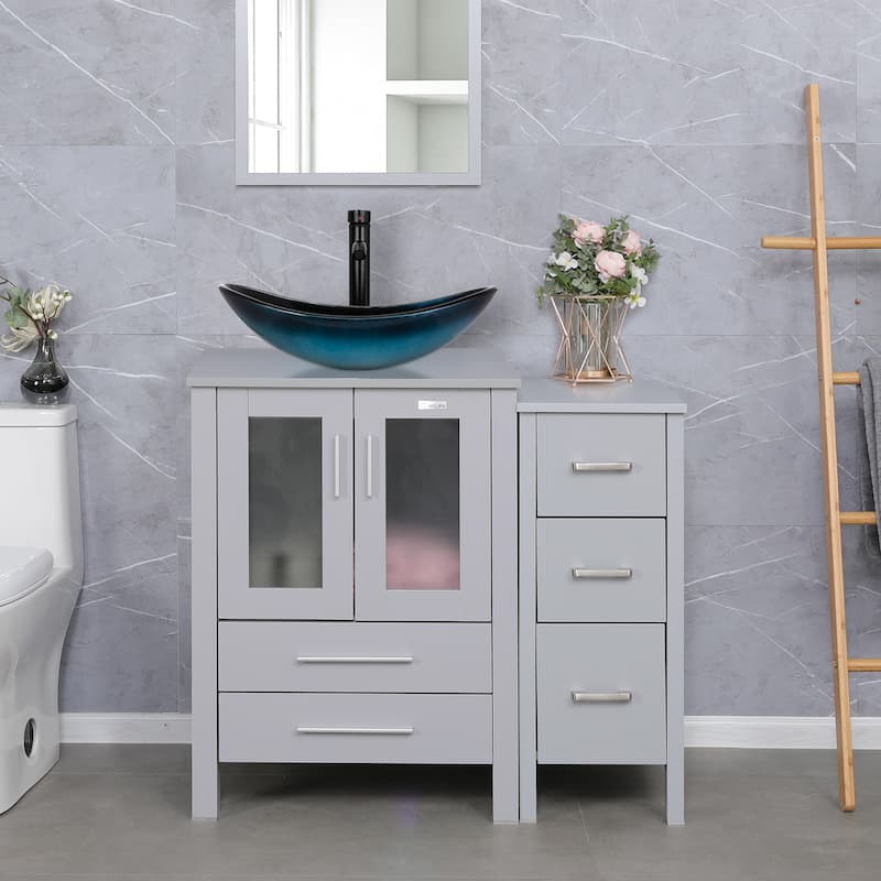 36" Bathroom Vanity Sink Gray Set with Side Cabinet Vessel Sink Faucet Combo - Glass blue boat sink