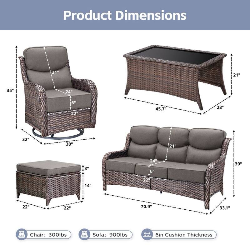 Arcadia 8-Piece Wicker Patio Conversation Set with Swivel Gliders and 6-Inch Thick Olefin Cushions