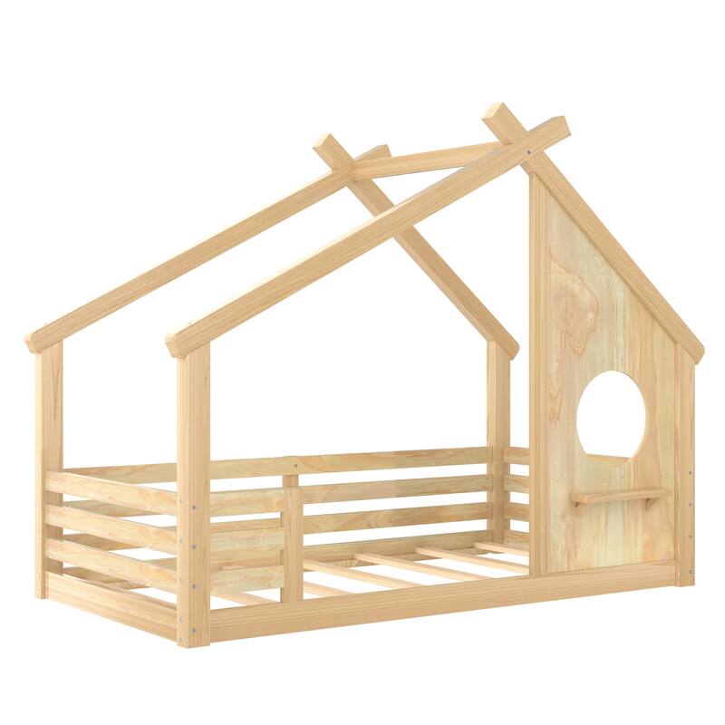 Montessori Kids House-shaped Floor Bed with Window and Shelf